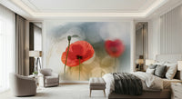 A graceful subtle bloom wall mural in soft, red tones.

