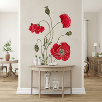 Contemporary Lonely Red Poppy wall accent, removable mural art.