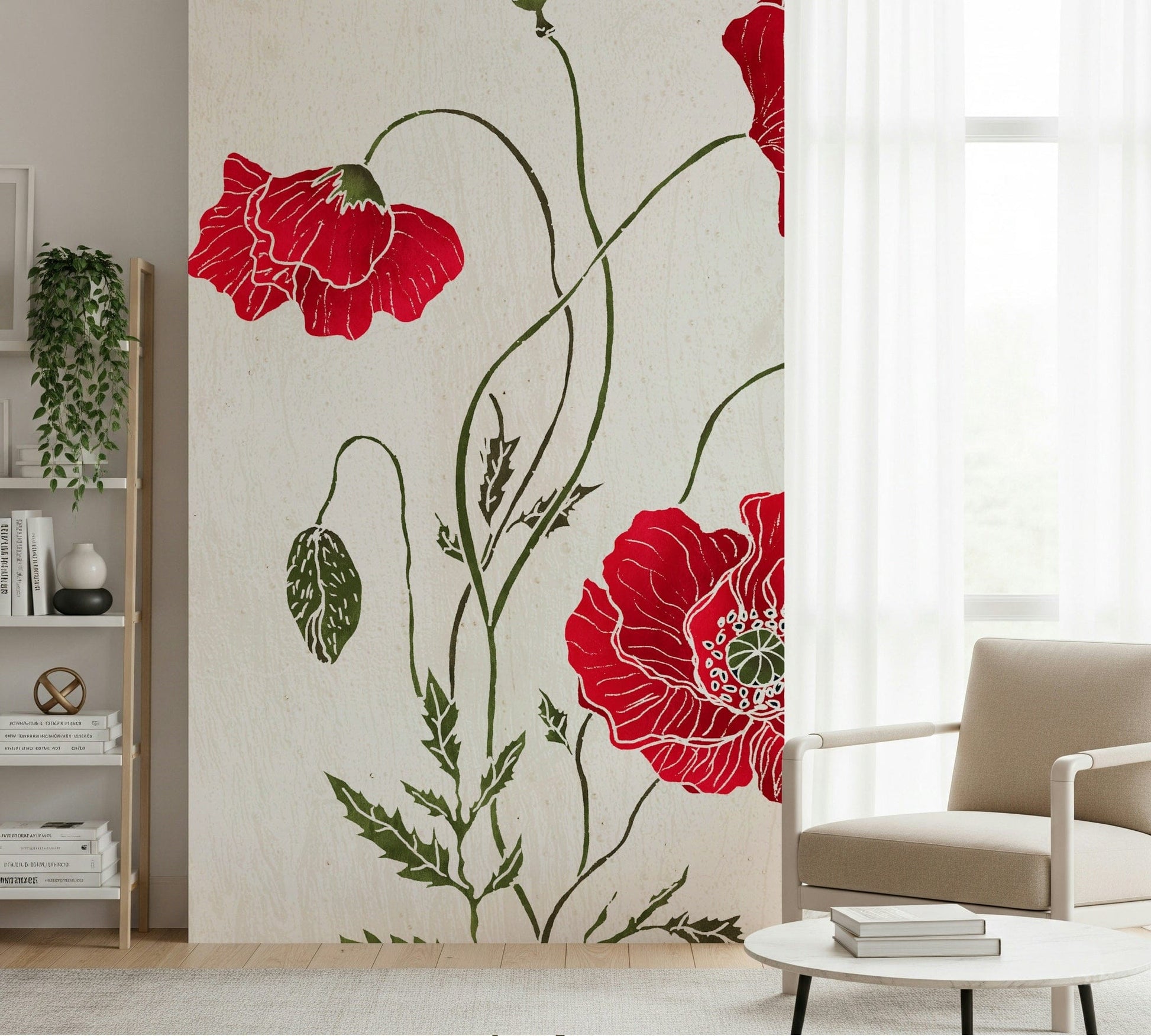 Lush Lonely Red Poppy illustration, beautiful wall covering mural design.