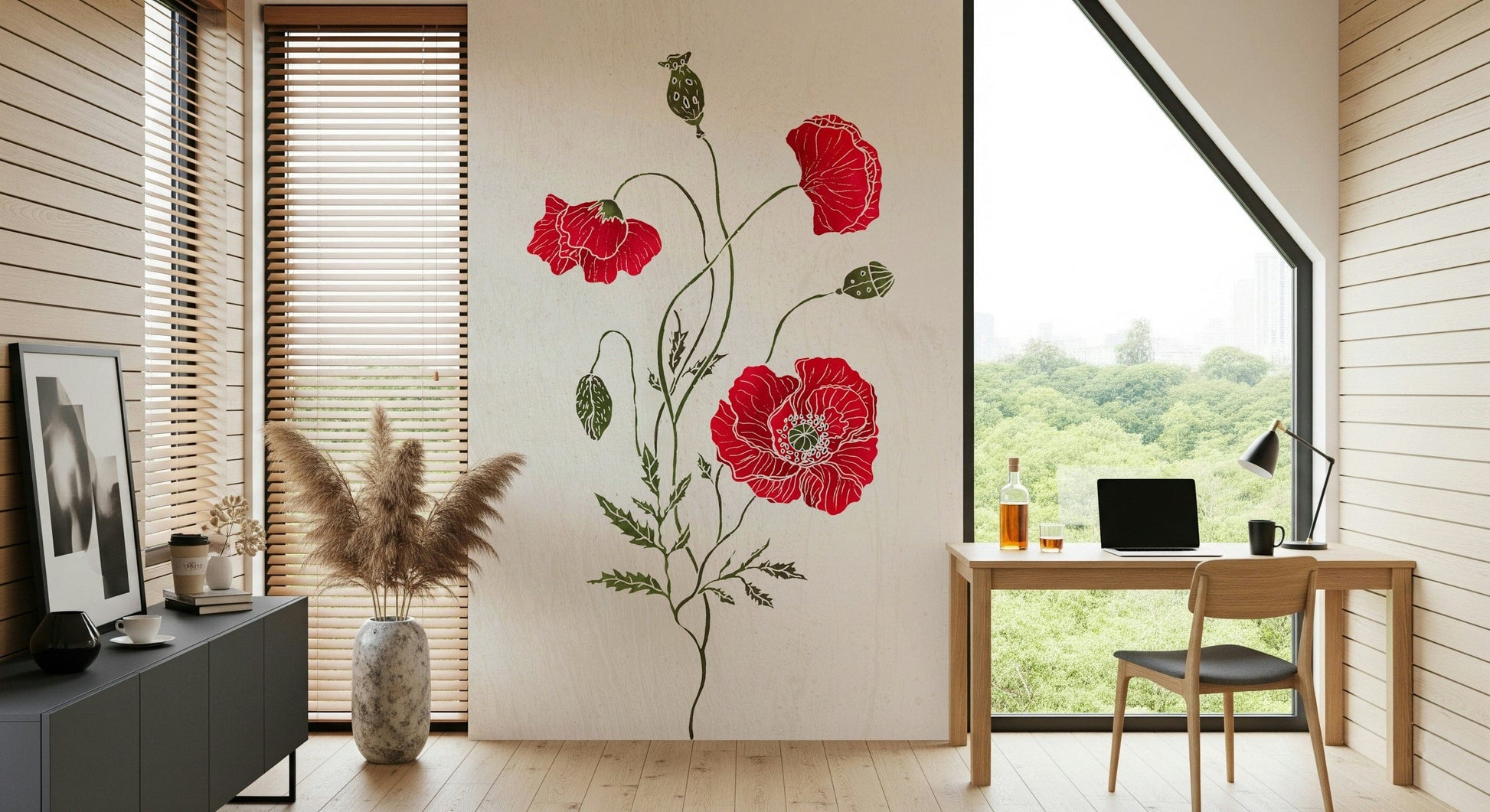 Artistic Lonely Red Poppy flower print, custom wallpaper for walls.