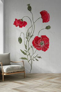 Stunning Lonely Red Poppy wall mural, vibrant red flowers, green stems.