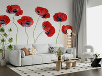 A graceful subtle poppy wall mural in bright, red tones.

