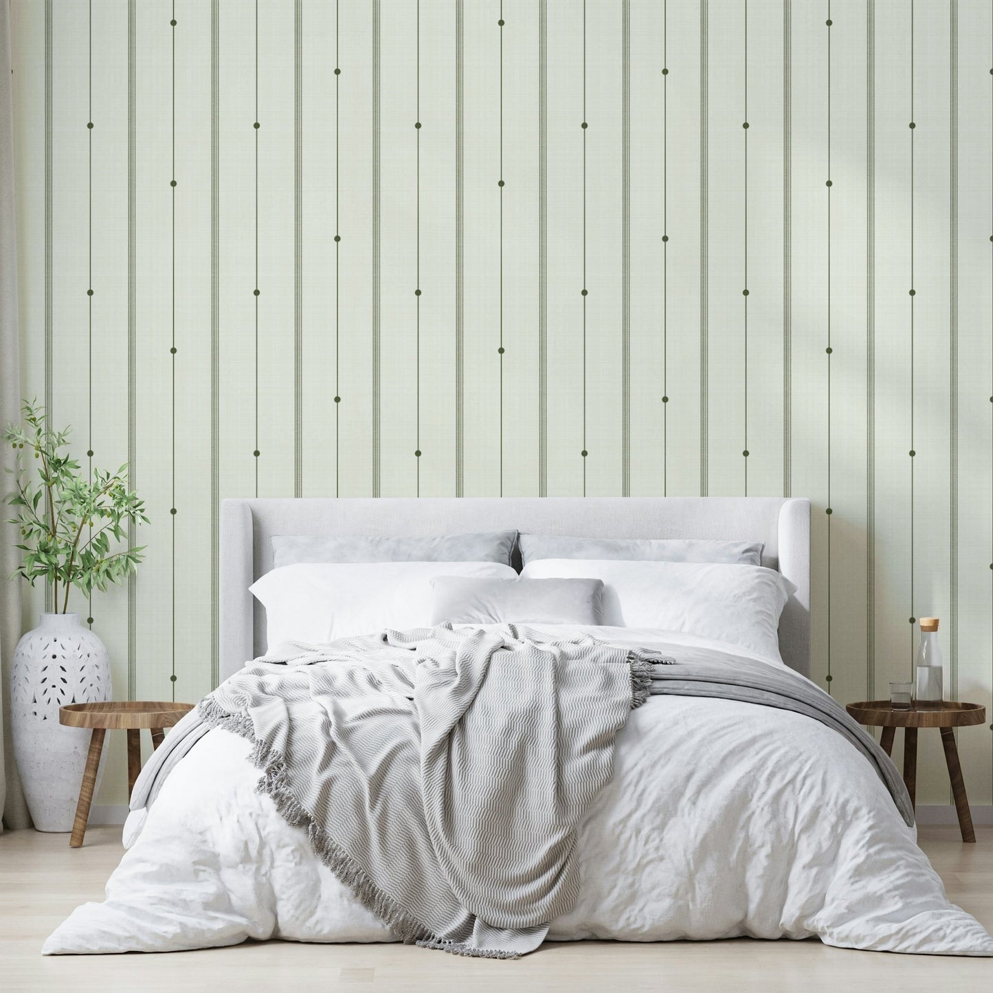Warm and calming buttercream and olive striped wallpaper


