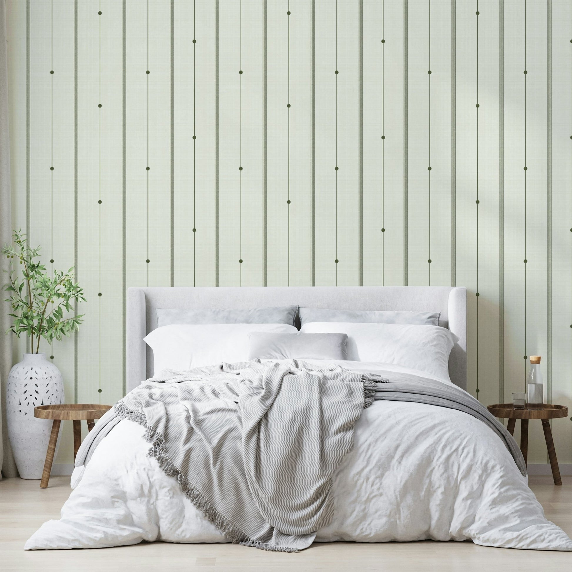 Warm and calming buttercream and olive striped wallpaper

