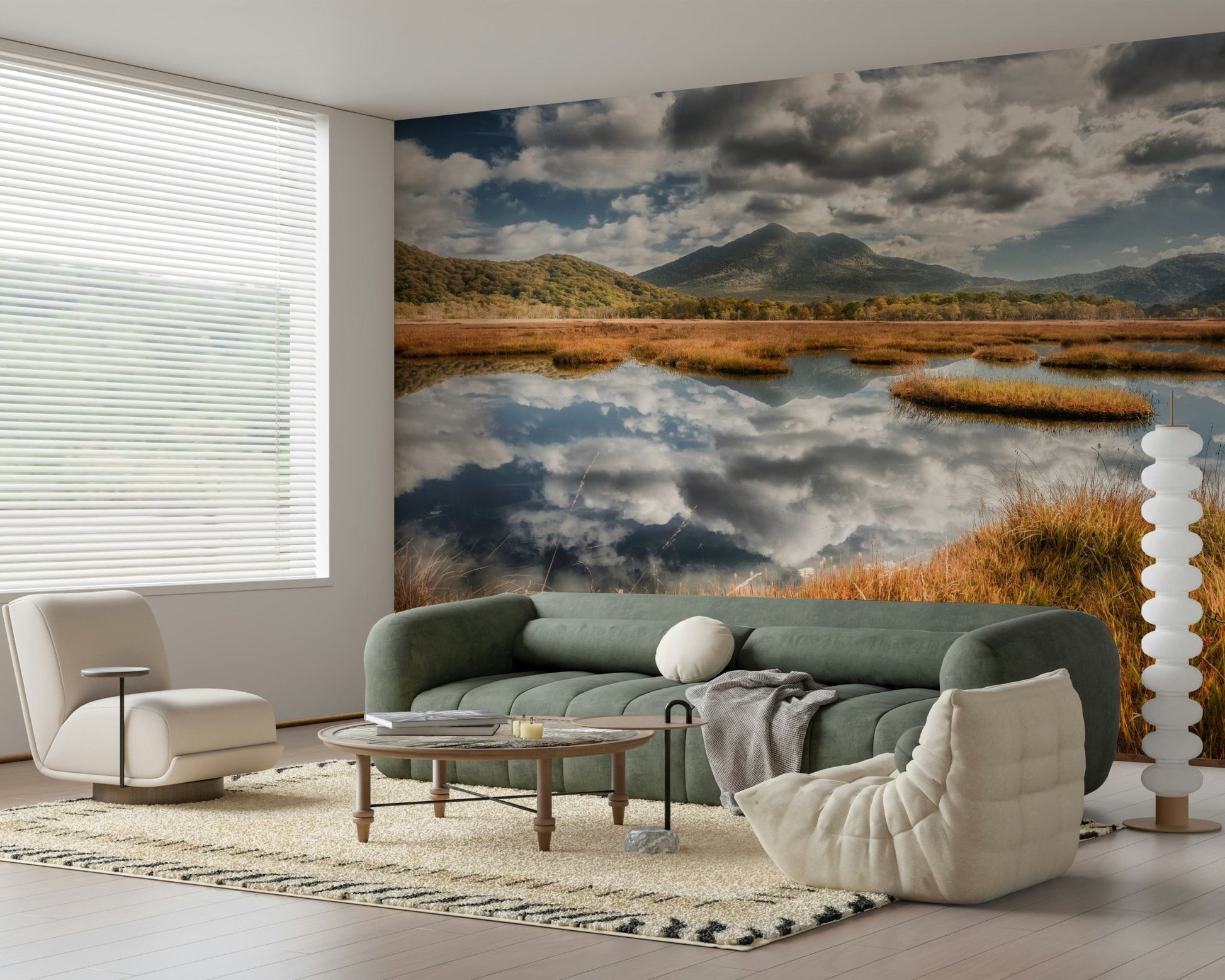 Sunset lake wall mural warms elegant dining area room design