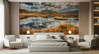 Serene water wall mural anchors minimalist bedroom interior