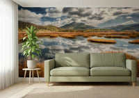 Golden meadow wall mural adds warmth to living room interior