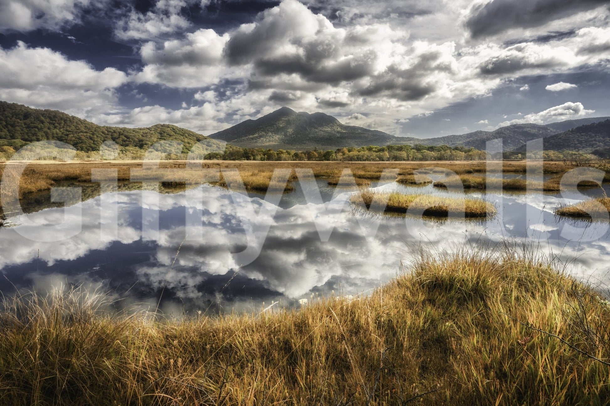 Reflected vista wall mural shows lake panorama art landscape