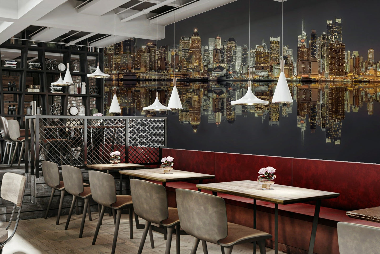 Contrast between illuminated buildings and dark water.

