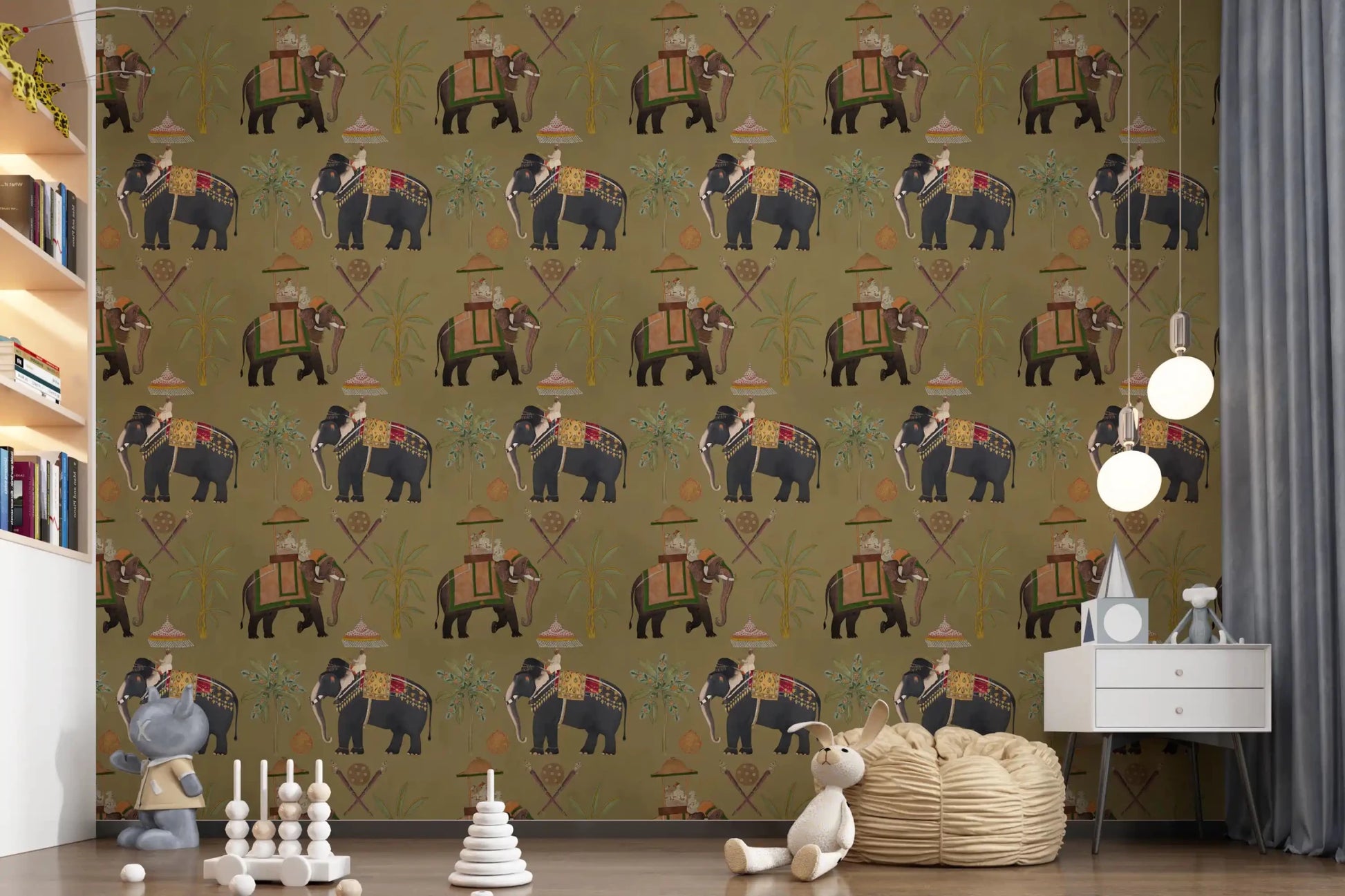 Regal Elephant Journeys play area Wall Mural in a vintage earthy color.