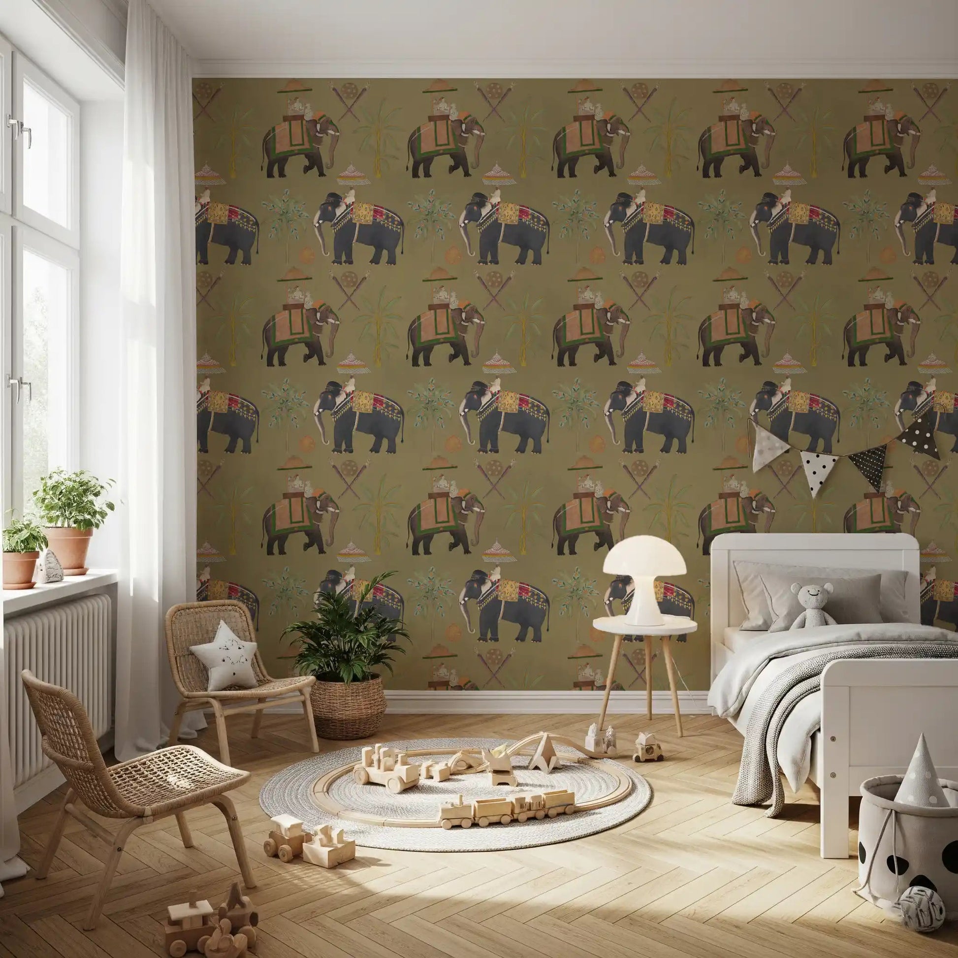 Regal Elephant Journeys Wall Mural showing ornate animal figures.