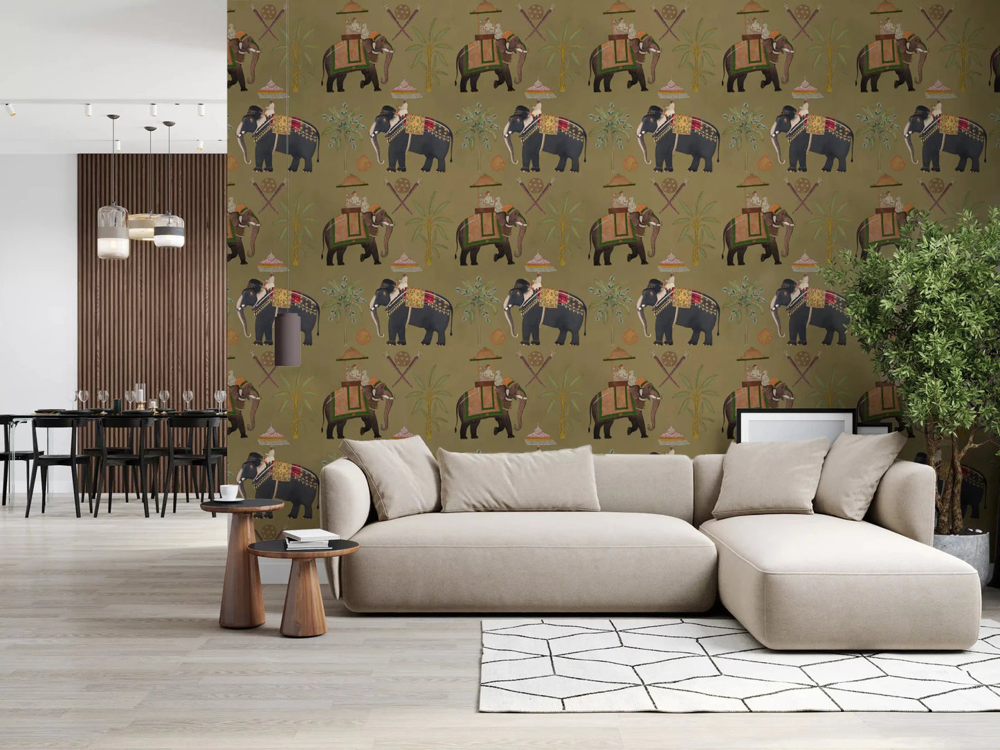 Regal Elephant Journeys Wall Mural for a living room with palm tree illustrations.