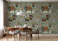 Regal Elephant Procession dining room Wall Mural showing traditional art in green color.