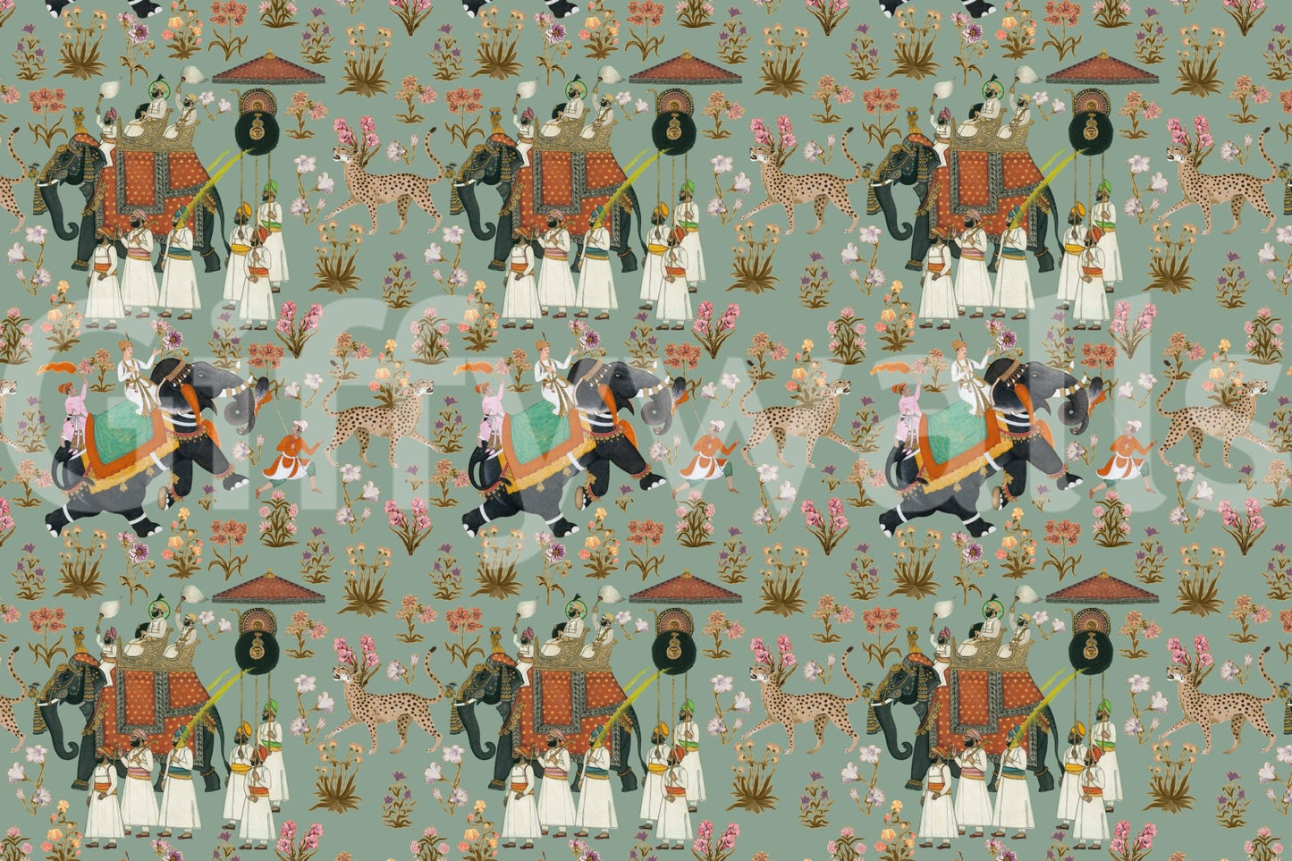 Regal Elephant Procession Wall Mural with detailed fauna and floral motifs.