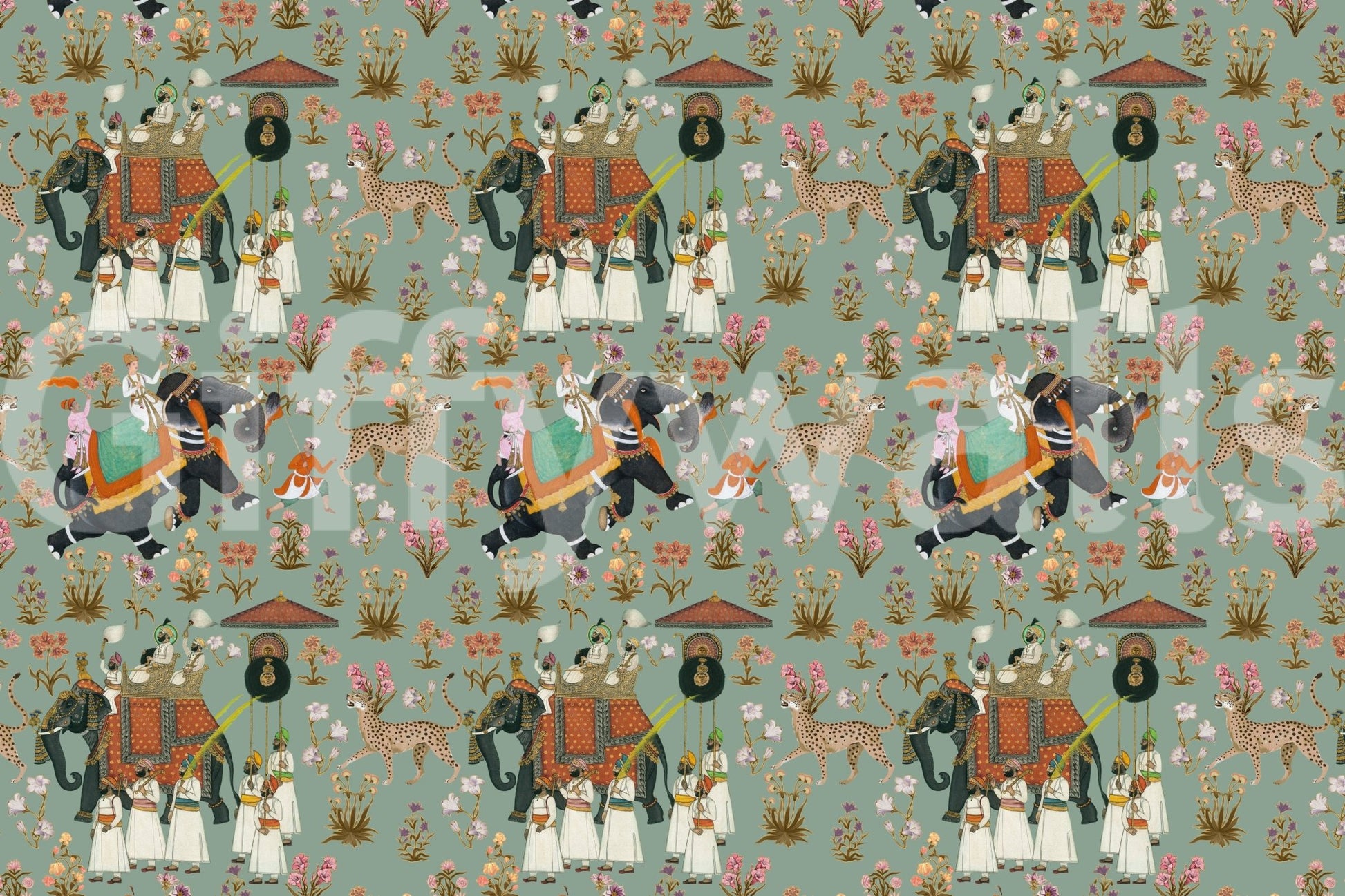 Regal Elephant Procession Wall Mural with detailed fauna and floral motifs.