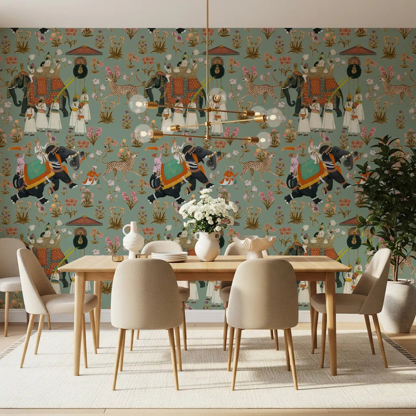 Detailed Regal Elephant Procession Wall Mural design with vintage style.