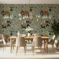 Detailed Regal Elephant Procession Wall Mural design with vintage style.
