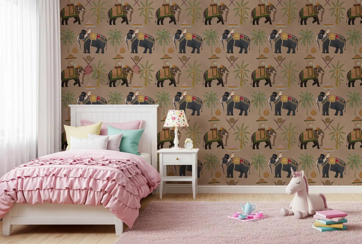 Regal Elephant Wall Mural for kids room with a sophisticated neutral backdrop.