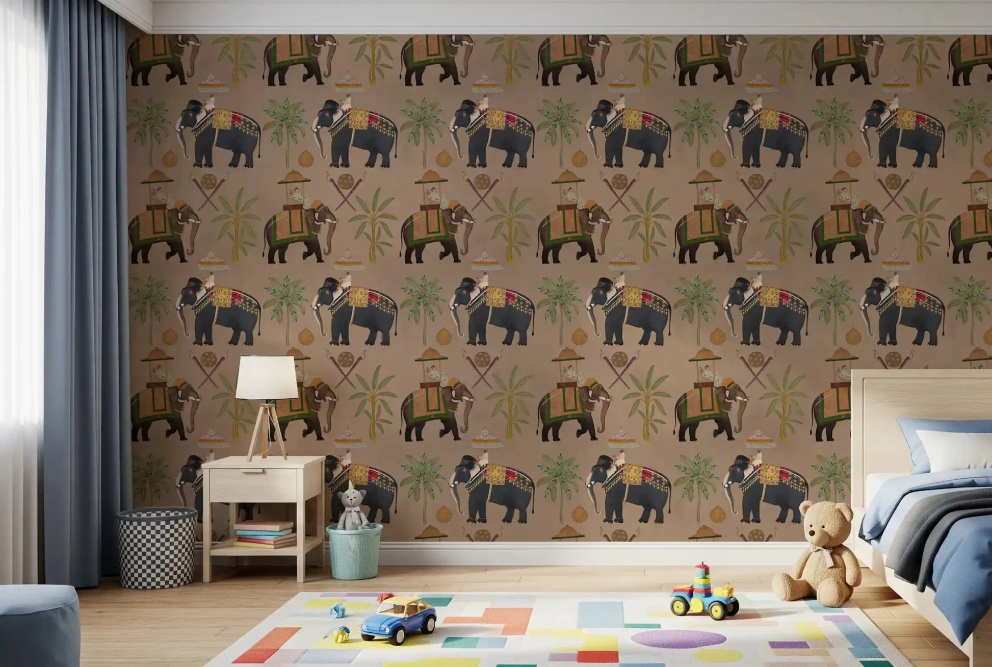 Regal Elephant Wall Mural with vintage cultural umbrellas.