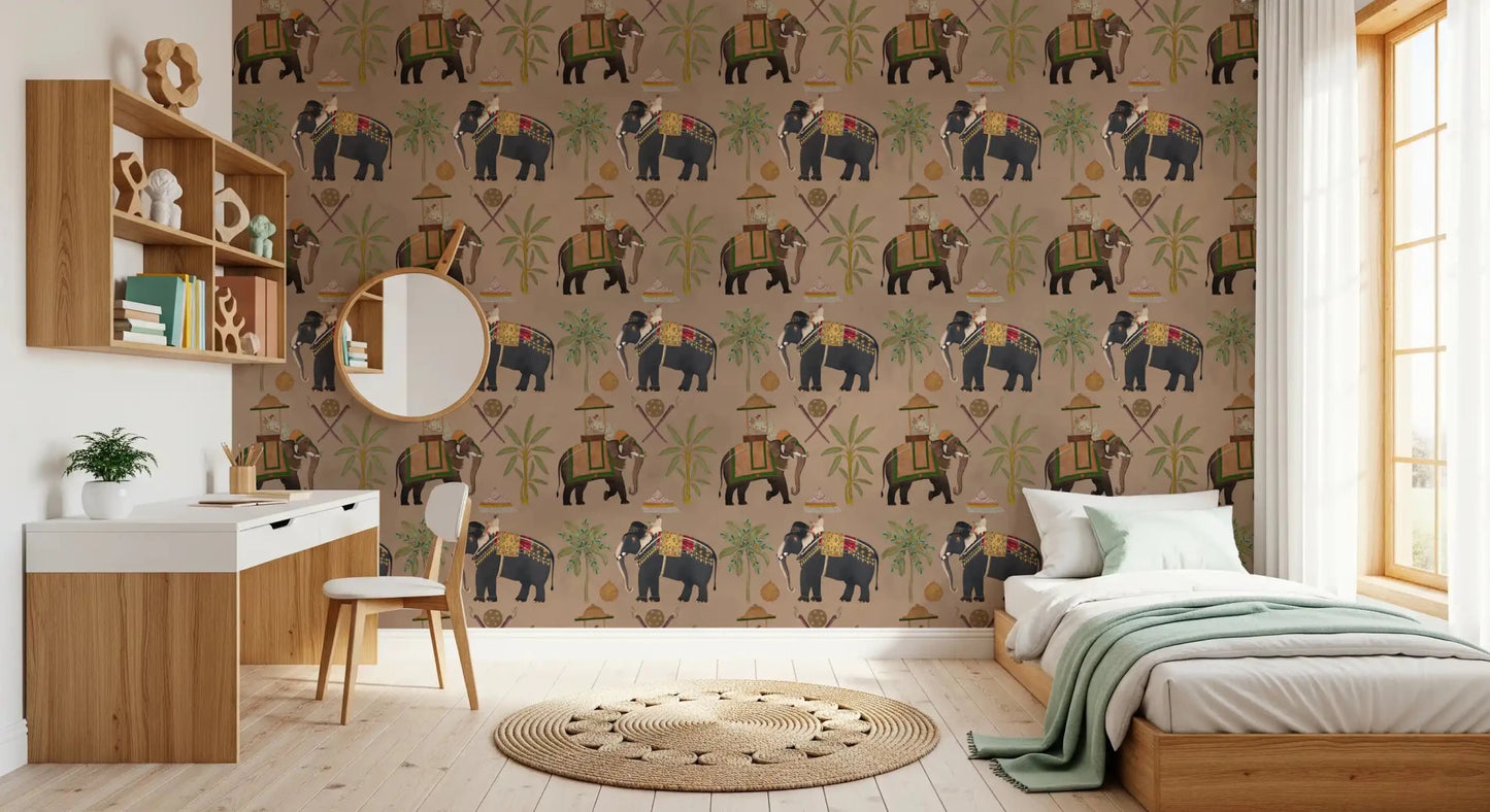 Regal Elephant Wall Mural showing majestic animals in gold gear.
