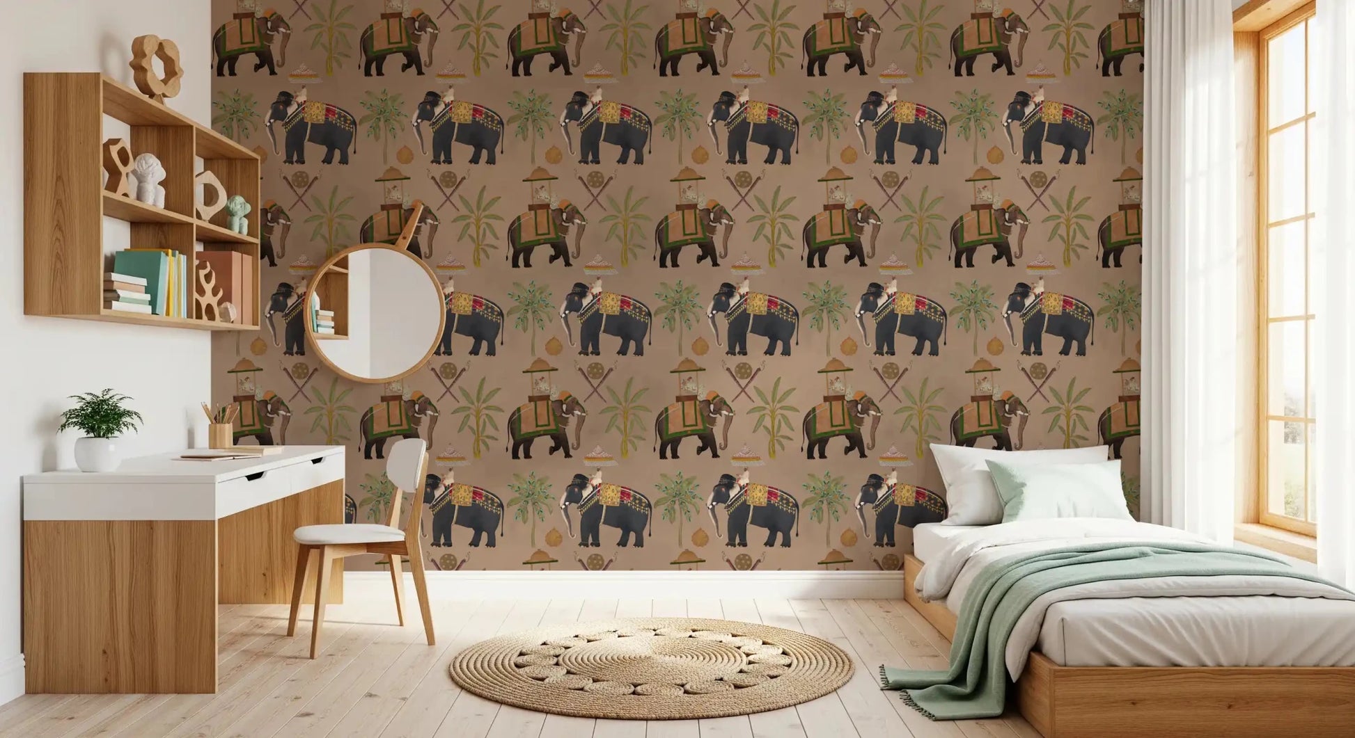 Regal Elephant Wall Mural showing majestic animals in gold gear.
