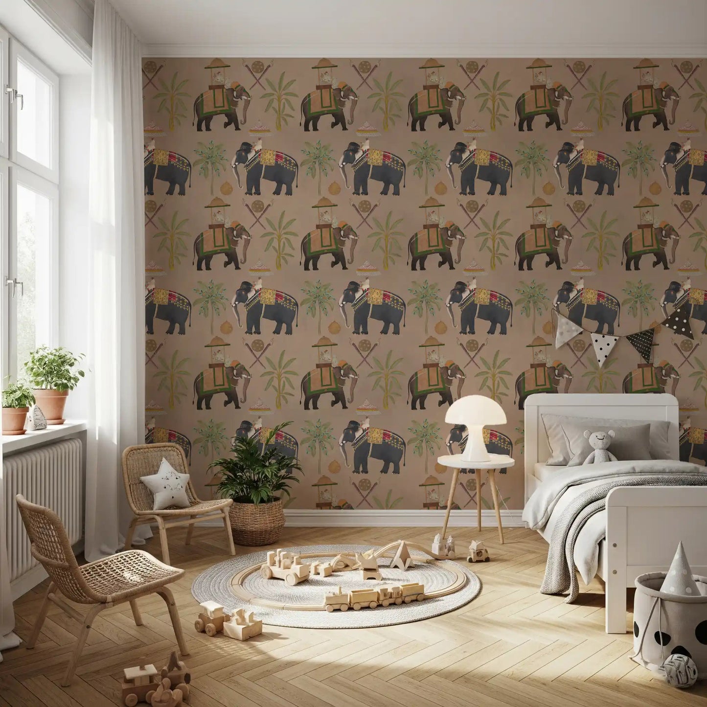 Sandy beige Regal Elephant Wall Mural featuring palm tree art.