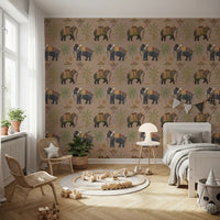 Sandy beige Regal Elephant Wall Mural featuring palm tree art.