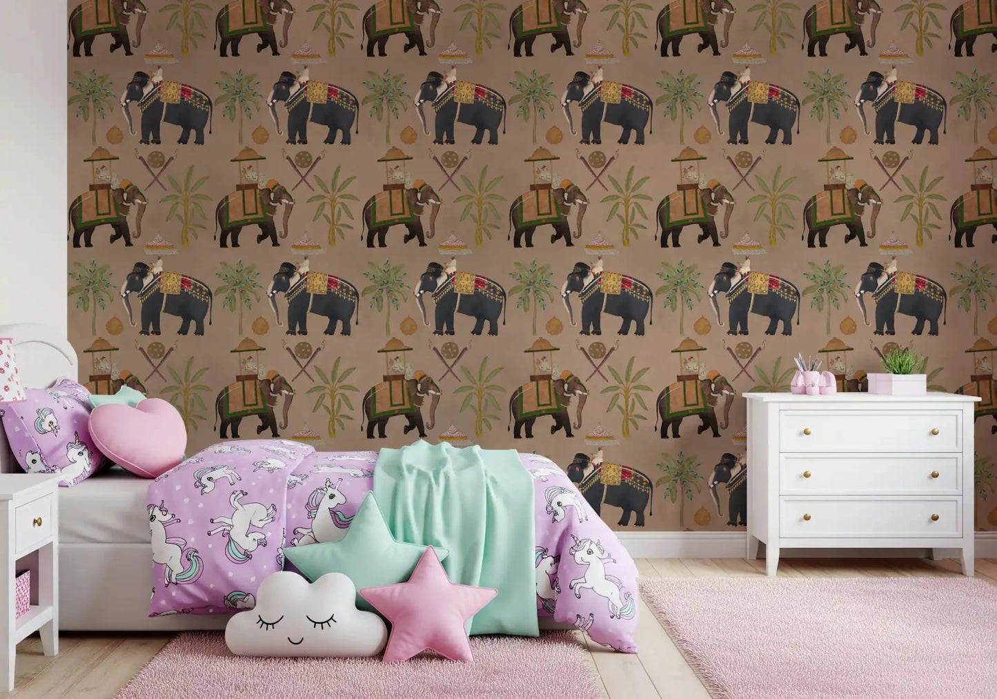 Regal Elephant Wall Mural with traditional royal parade figures.