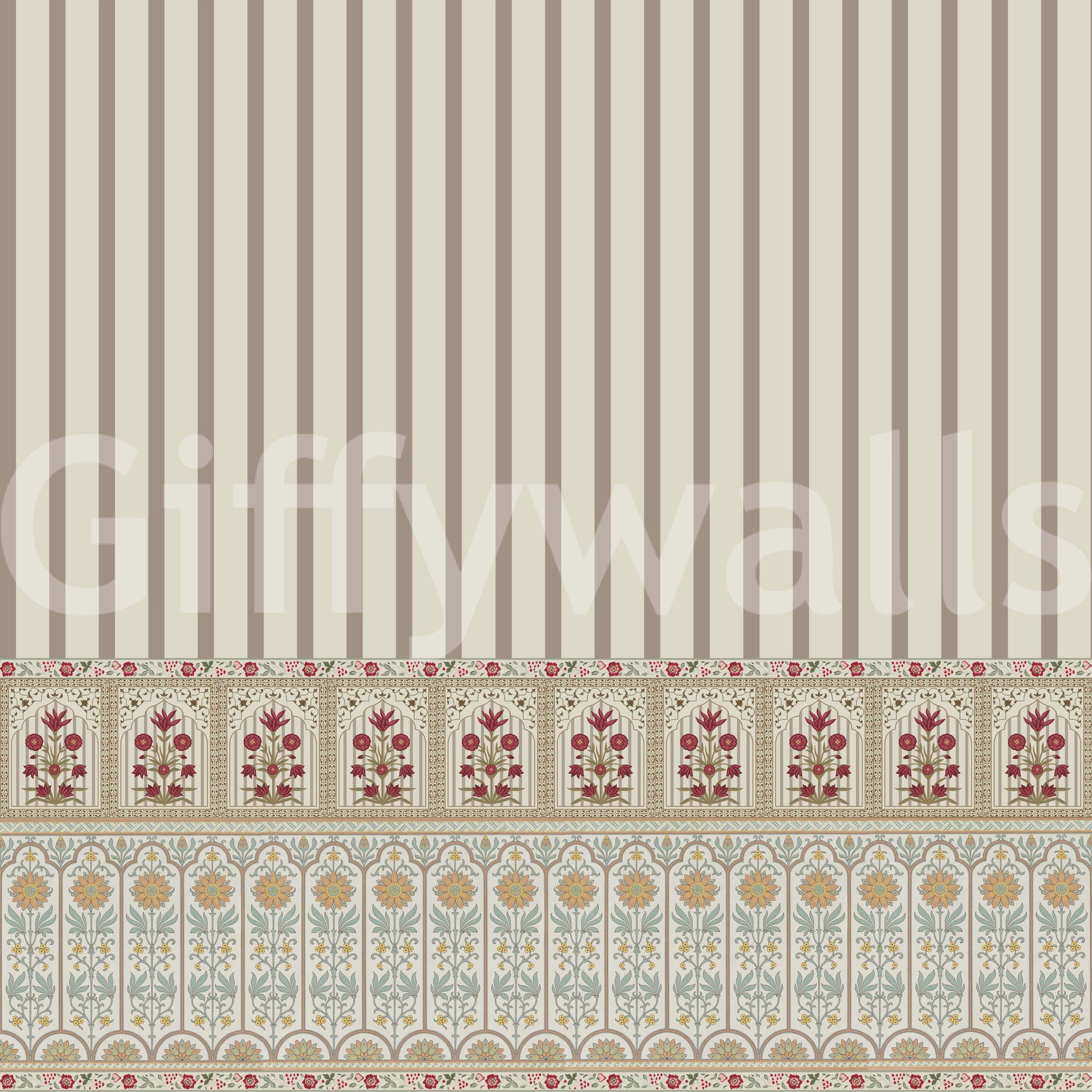 Soft flower wallpaper mural paired with timeless striped wallpaper design