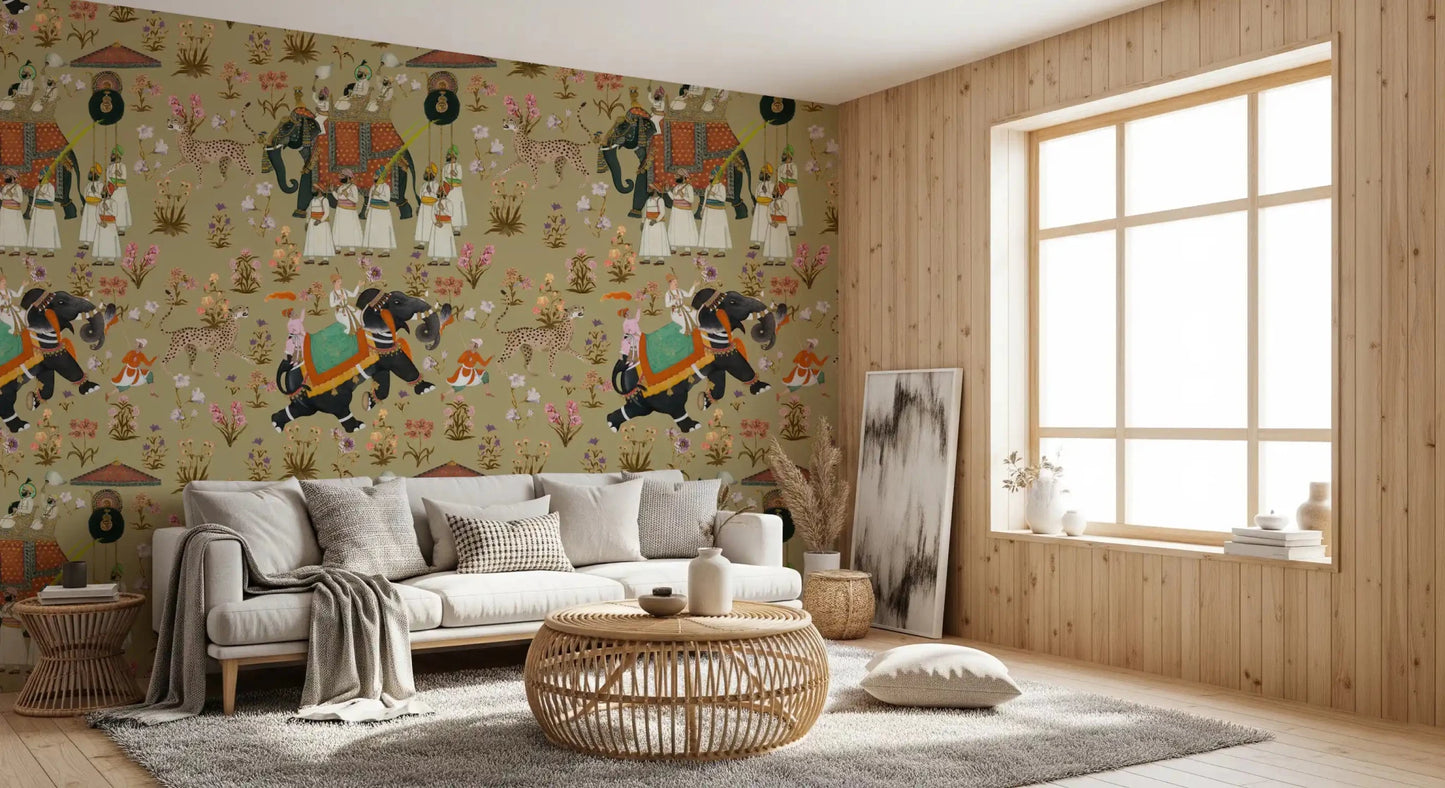 Detailed antique beige Regal Indian Procession Wall Mural for living room.