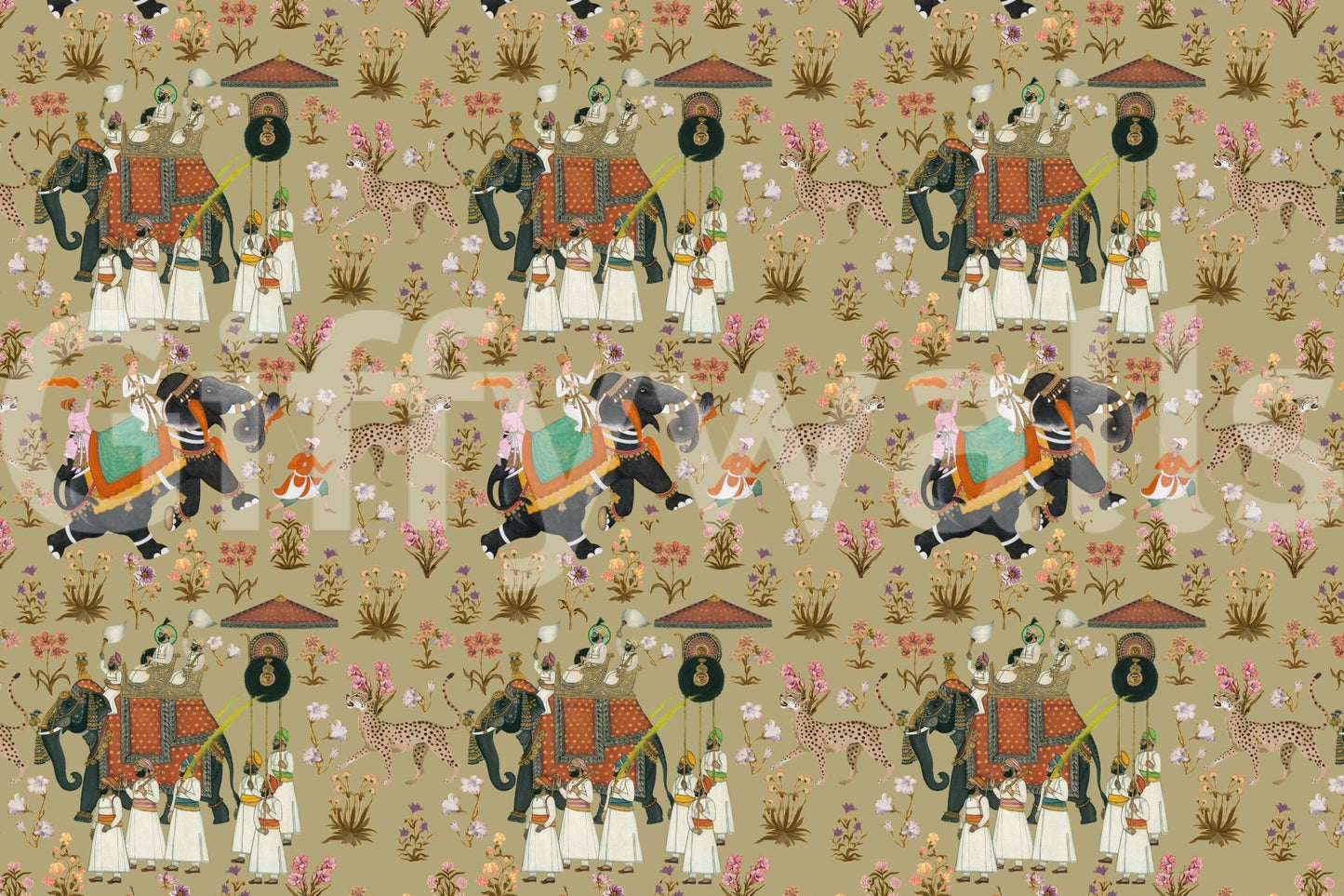 Regal Indian Procession Wall Mural with traditional saffron and green accents.