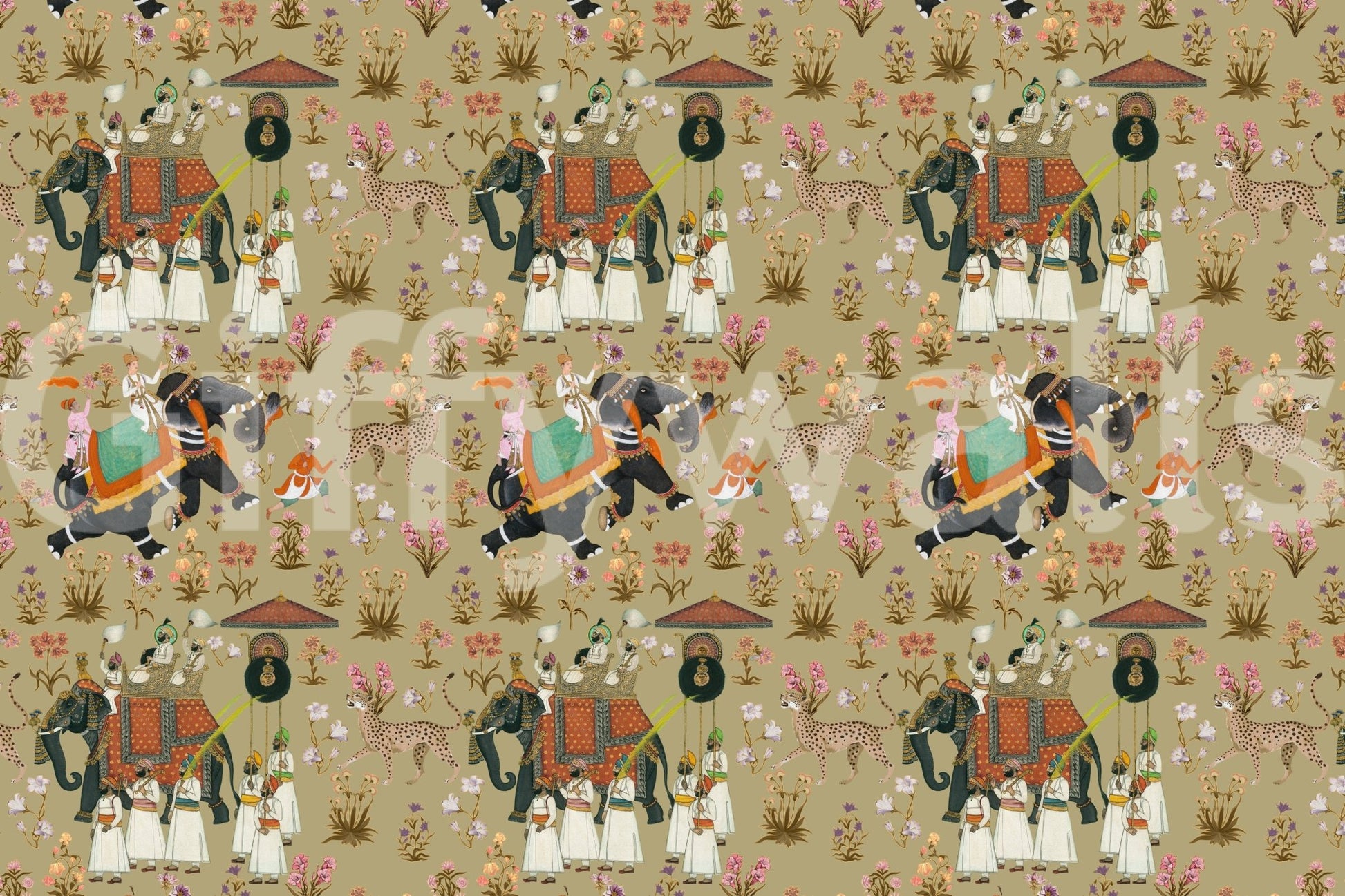 Regal Indian Procession Wall Mural with traditional saffron and green accents.