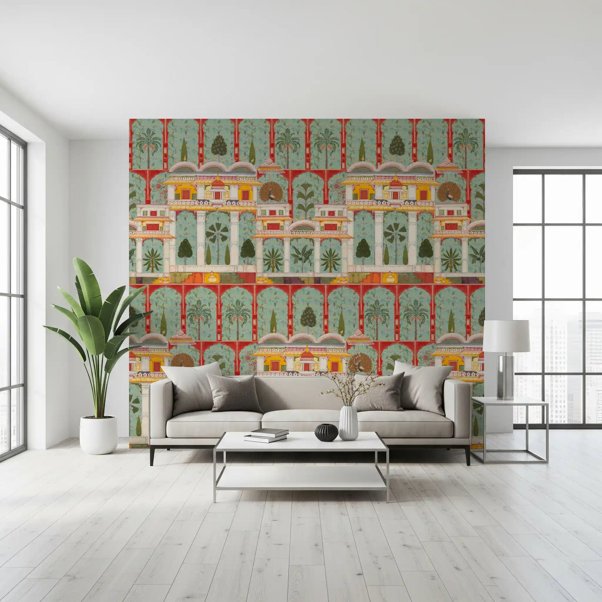The Regal Mughal Garden wall mural creates a focal point in a living room.