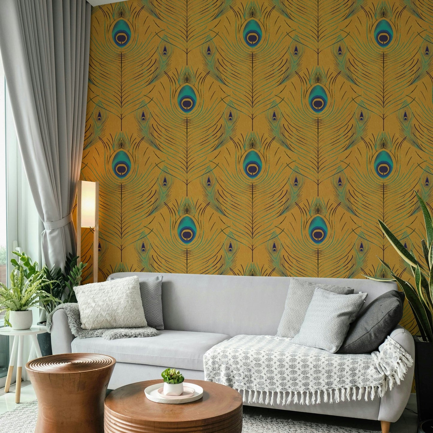 Statement wall with gold feather wallpaper

