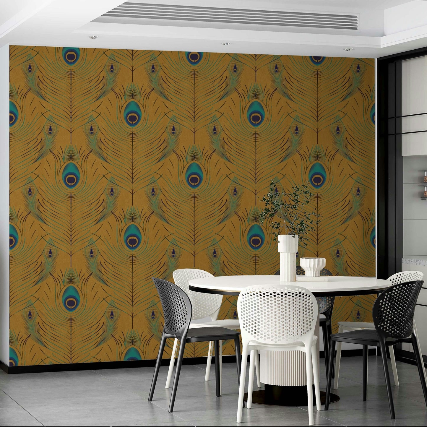 Golden wallpaper with bird motif

