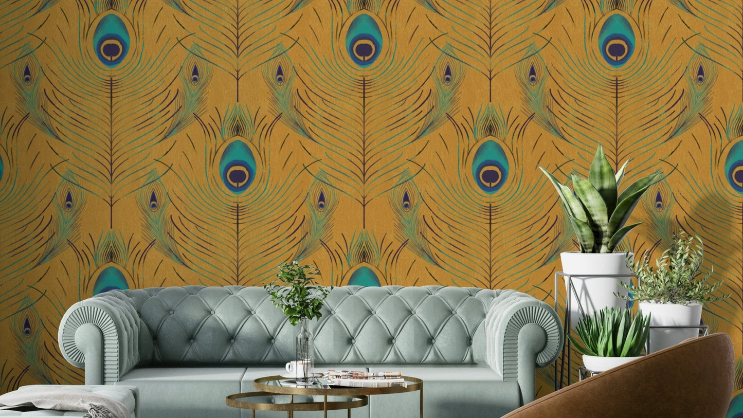 Gold peacock feather wallpaper design

