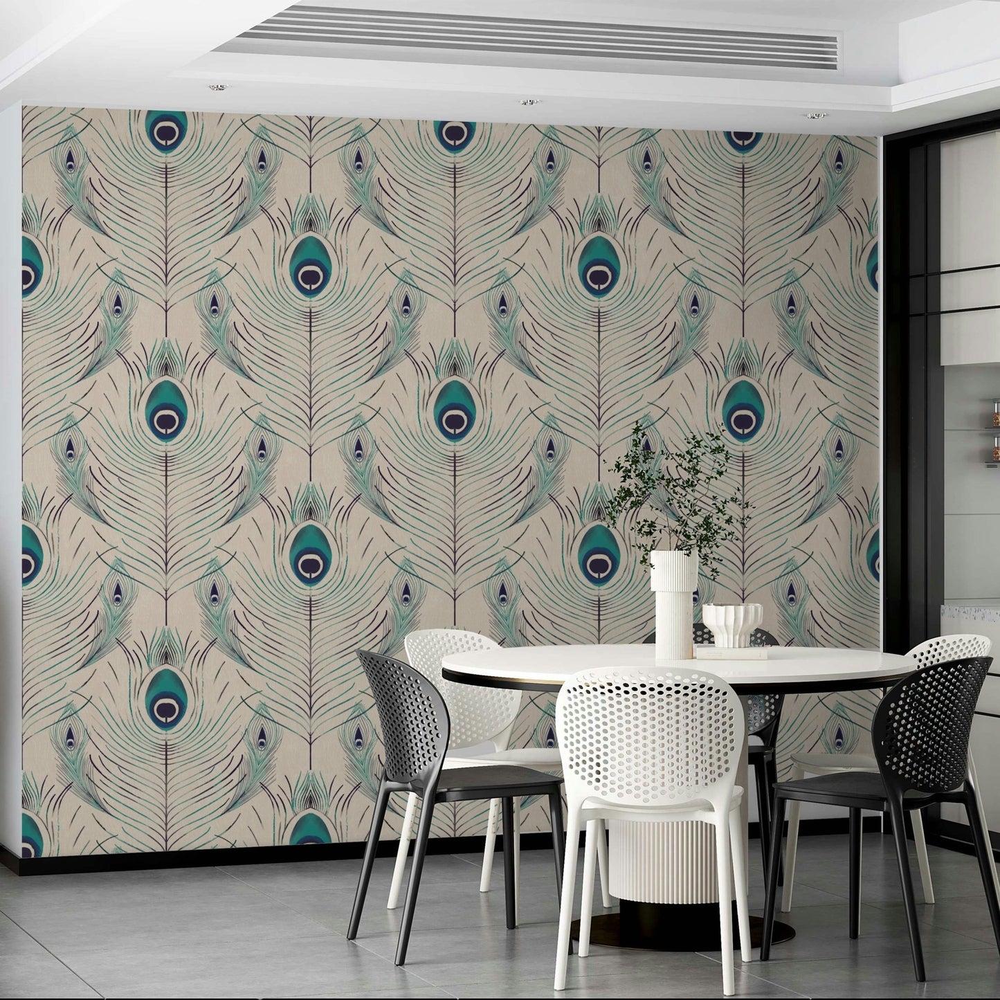 Off-white wallpaper with elegant feather pattern

