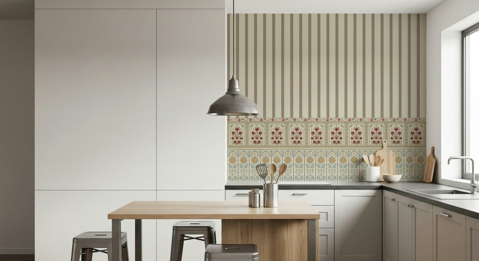 Floral wallpaper mural with balanced stripe and bloom pattern