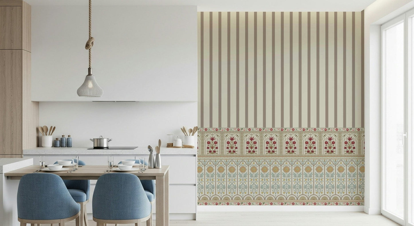 Botanical wallpaper wall mural showing layered flowers and stripes