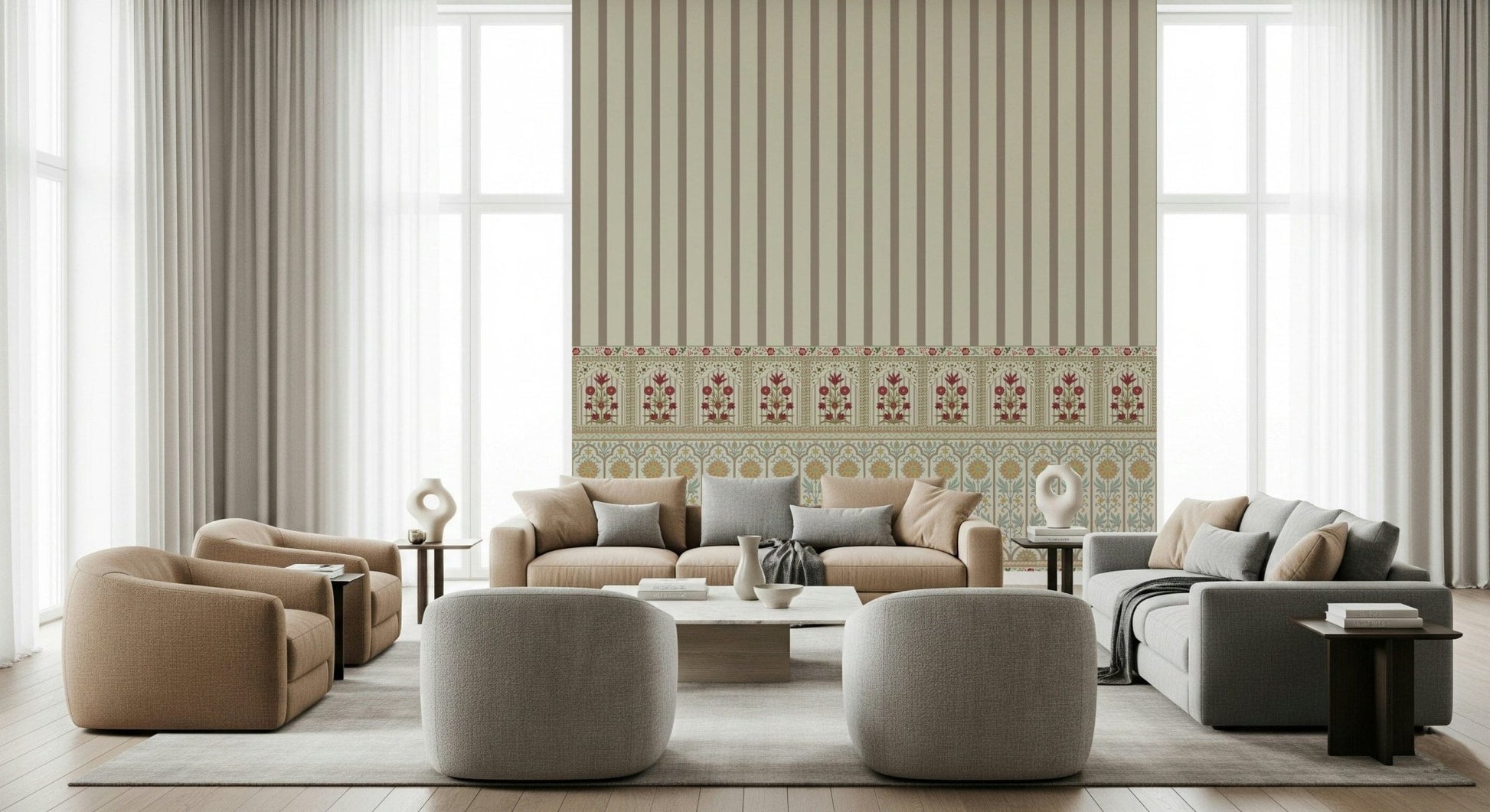 Vintage-style floral wallpaper mural with vertical stripe design