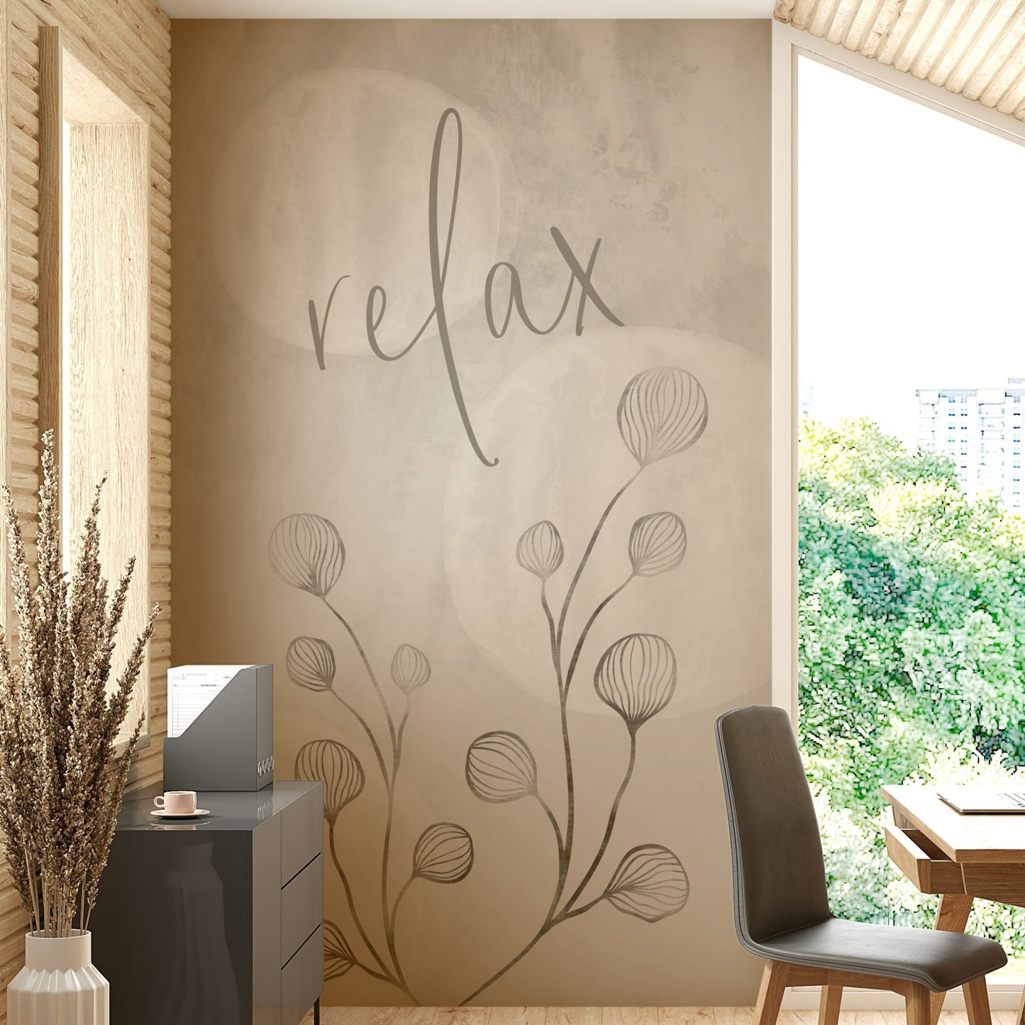 Sand-colored mural with flowing abstract texture

