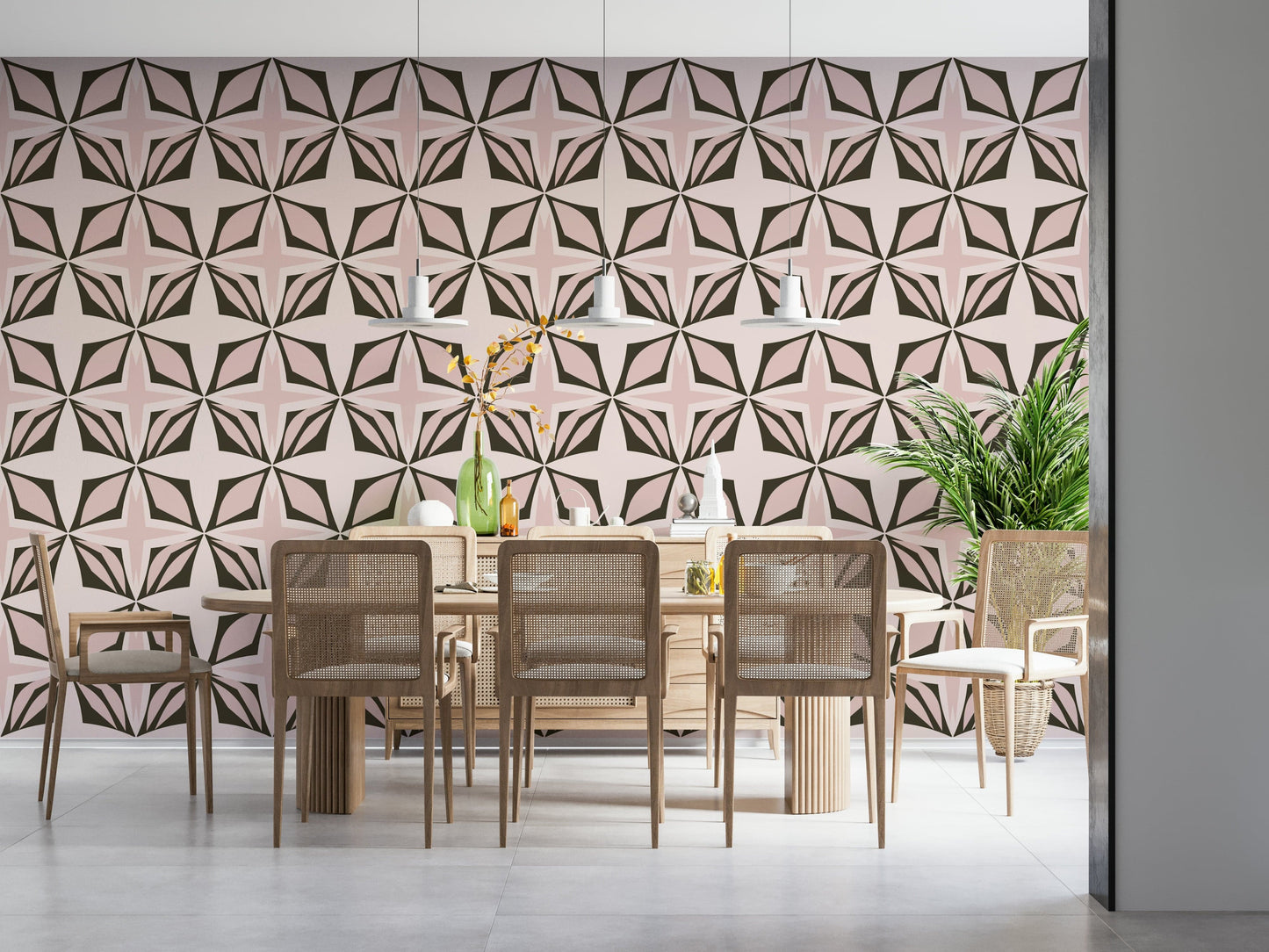 Geometric wall covering, giving a clean, tailored appearance.