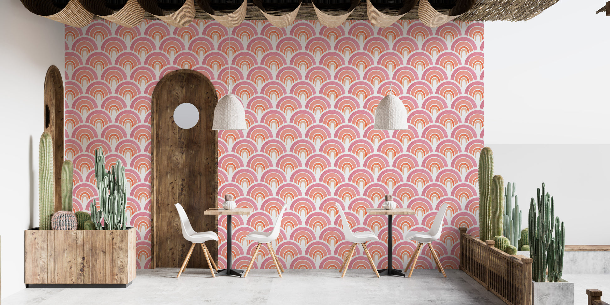 Rainbow mural wallpaper in soft pink