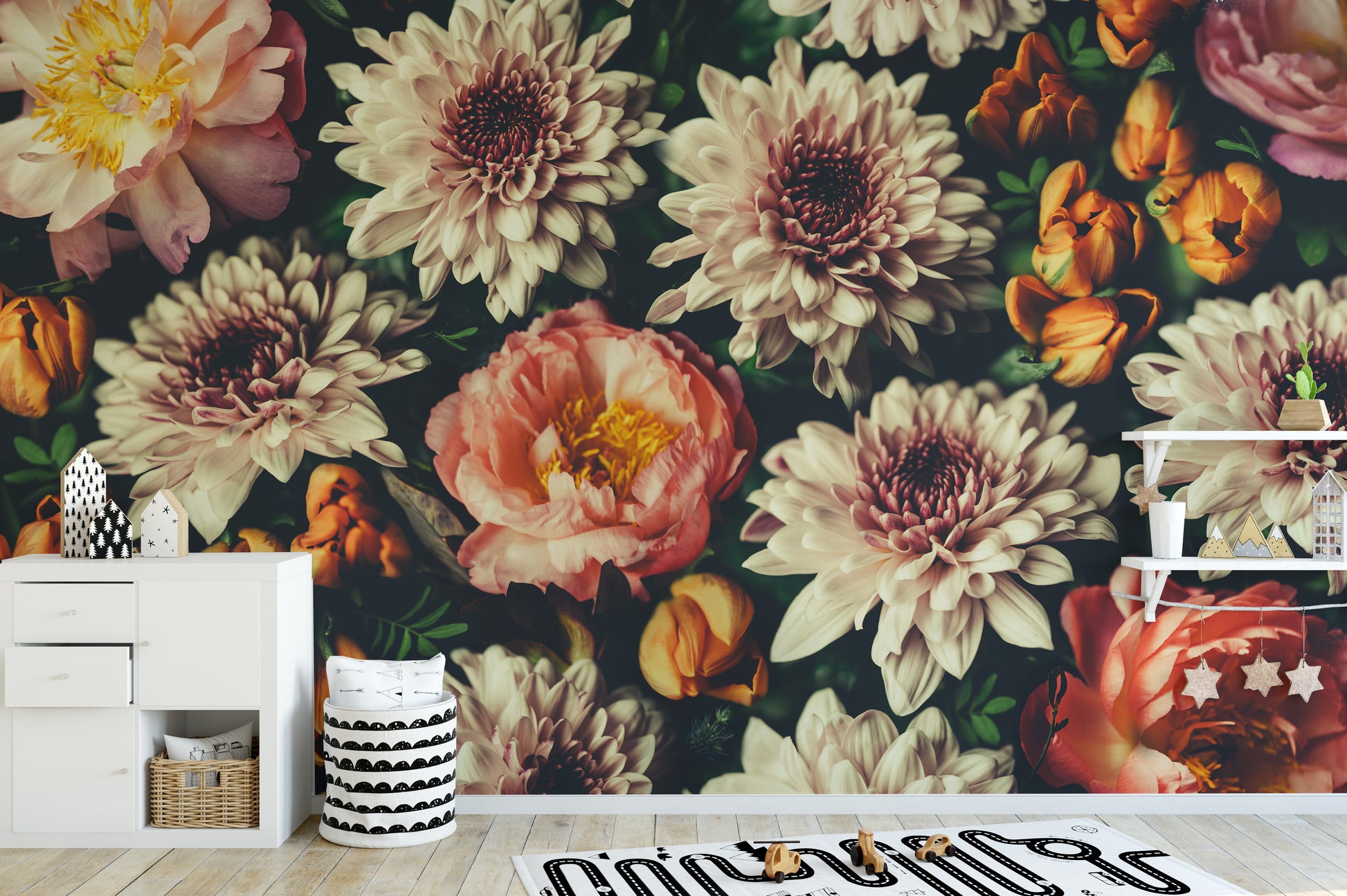 Nature-themed removable floral wallpaper