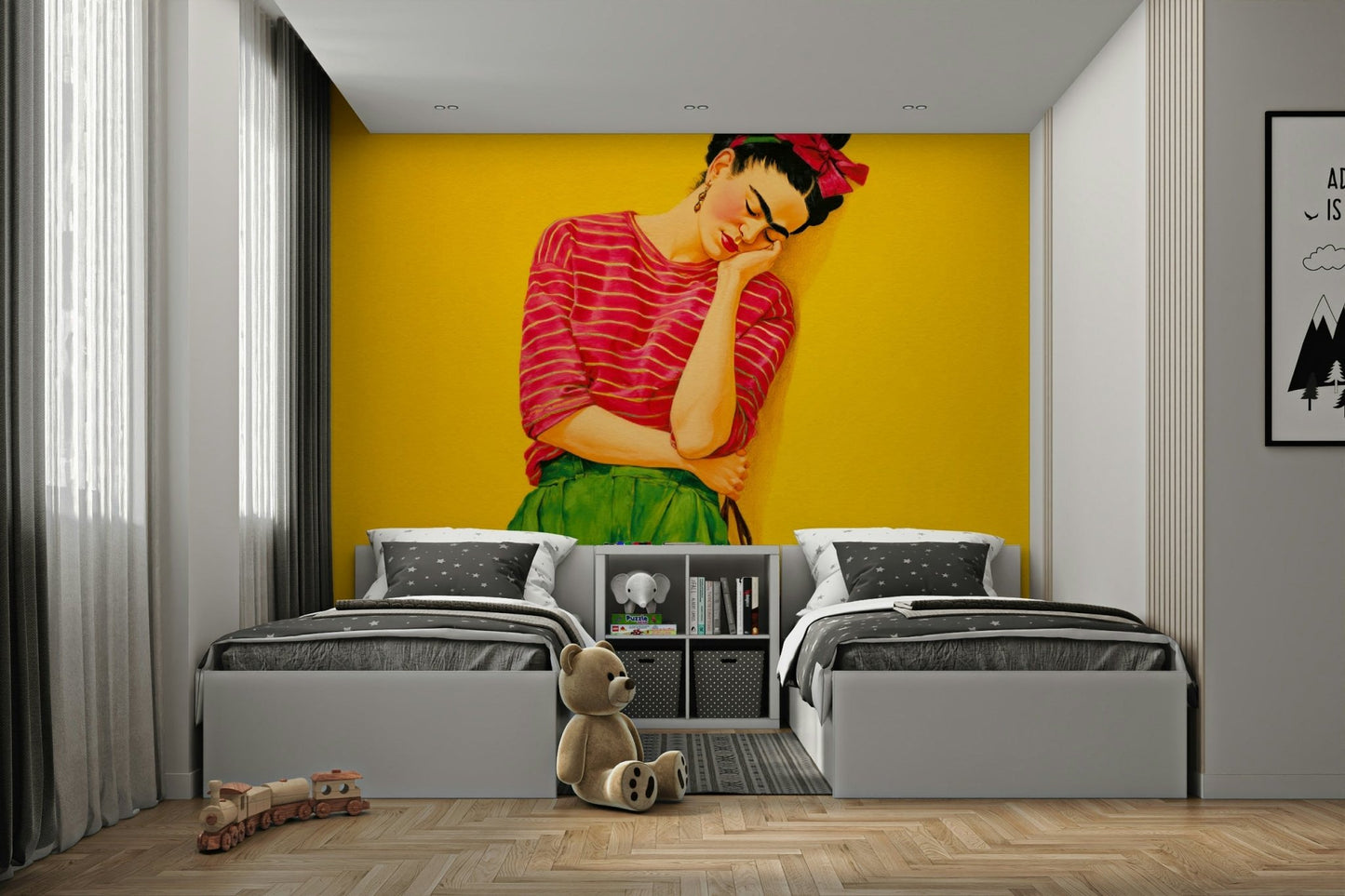 Neutral abstract art mural in modern space

