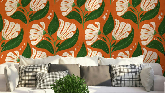A bold, retro-themed floral wallpaper pattern.
