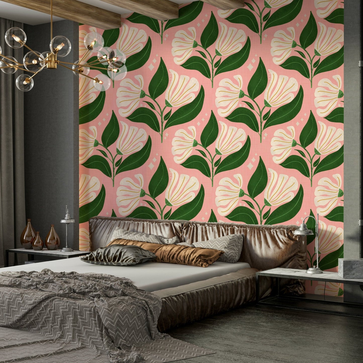 The background is a distinctive avocado pink.
