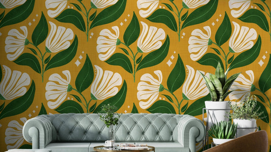 The background is a distinctive avocado yellow.
