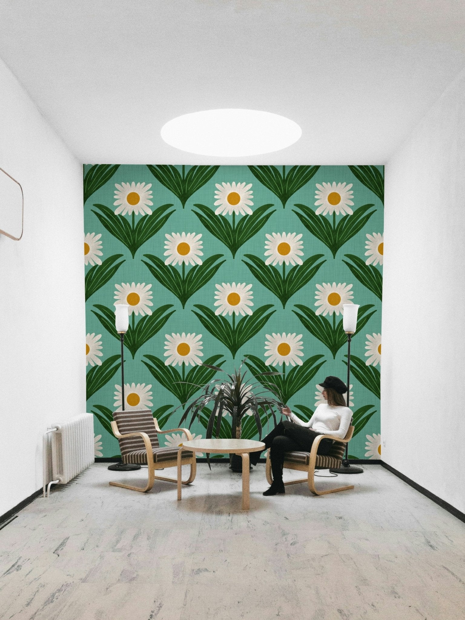 Features large, stylized daisy flowers and other mod florals.
