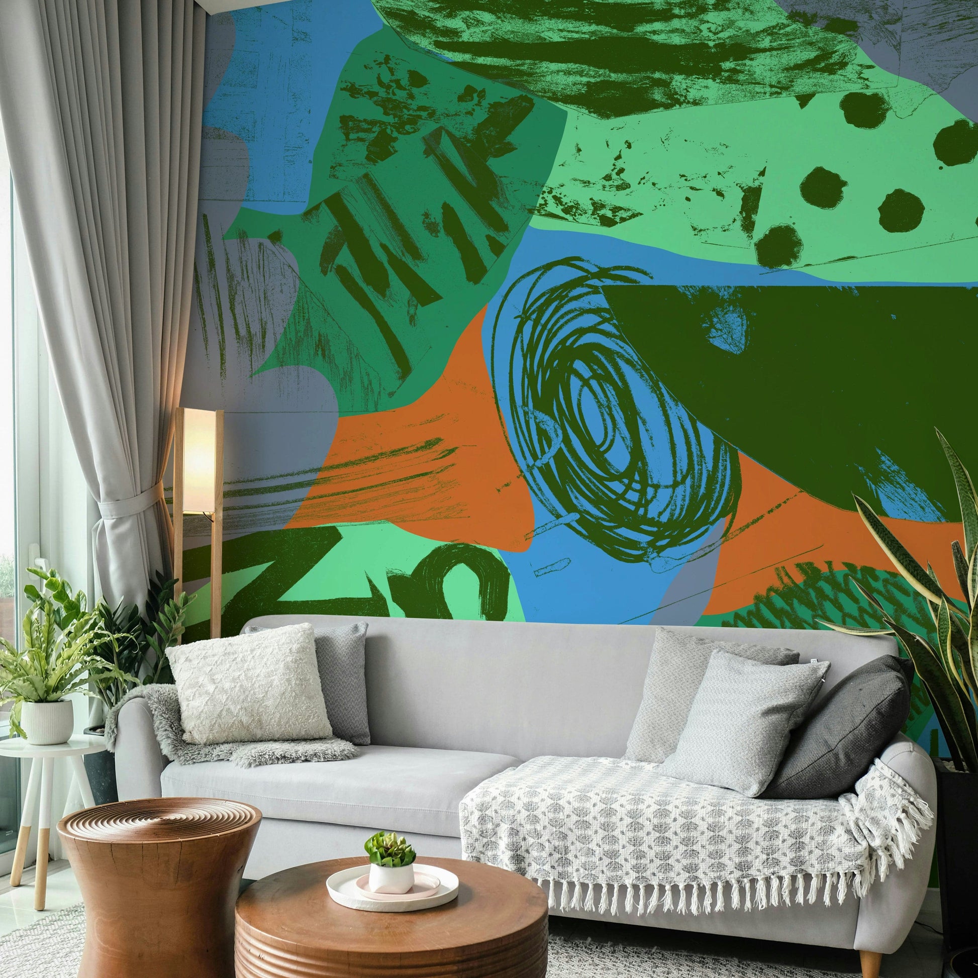 A beautiful orange and blue wave wallpaper mural for a modern home.

